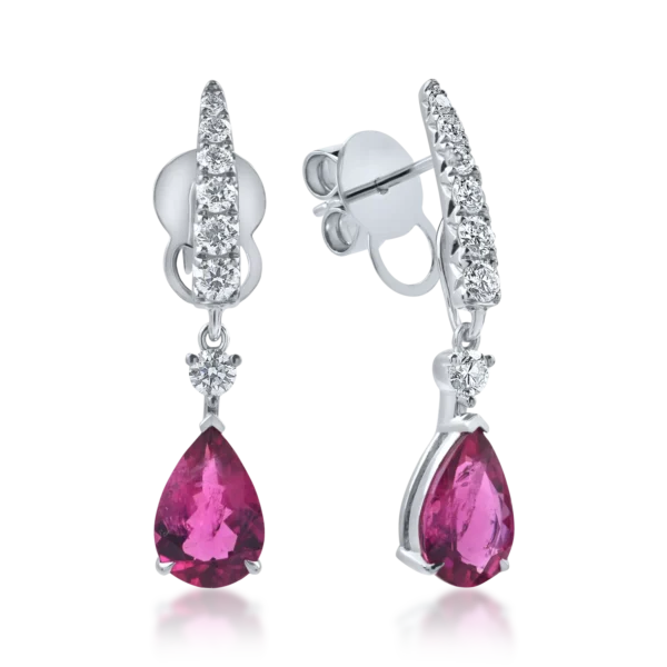 Cercei geometrici din aur alb cu rubelite pear si diamante de 2.8ct