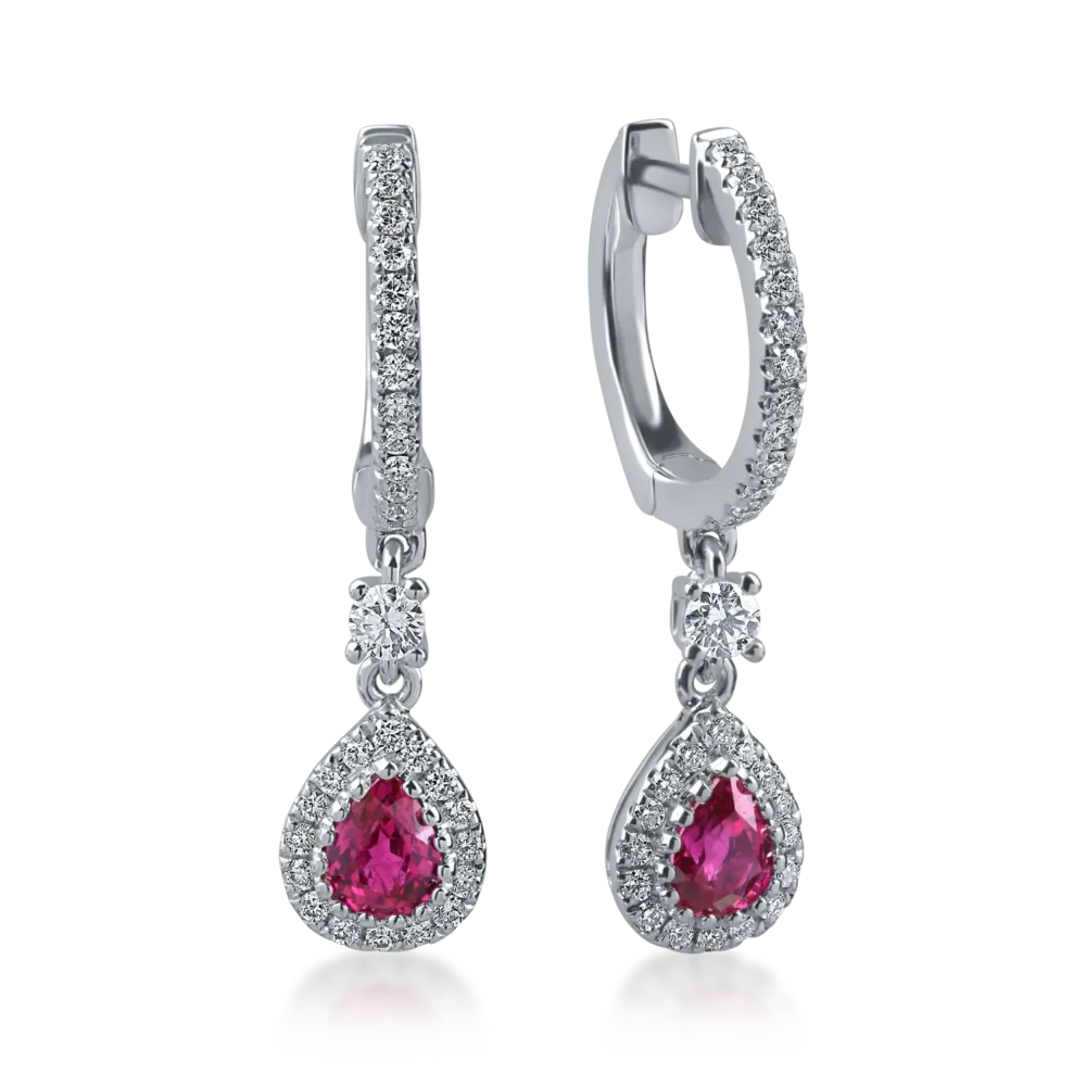 Cercei geometrici din aur alb cu rubine si diamante de 1.2ct