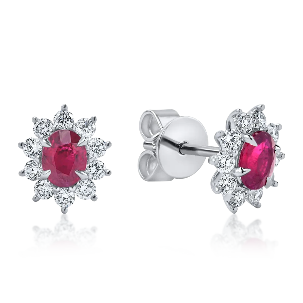 Cercei geometrici din aur alb cu rubine ovale si diamante de 1.3ct