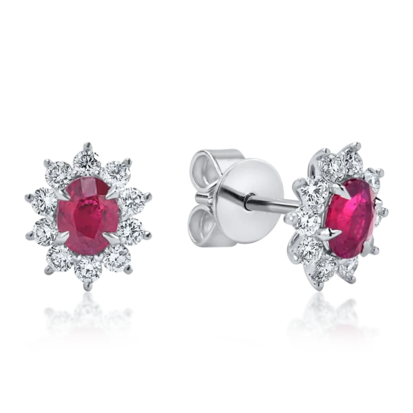Cercei geometrici din aur alb cu rubine ovale si diamante de 1.3ct