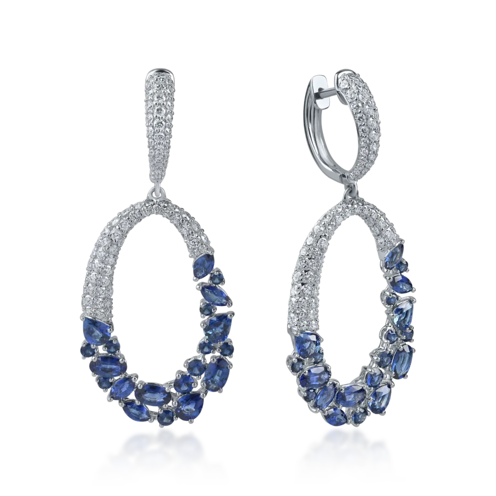 Cercei geometrici din aur alb cu safire de 5.2ct si diamante de 2.1ct