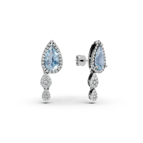 Cercei geometrici din aur alb cu topaze albastre pear de 2.8ct si diamante de 0.6ct