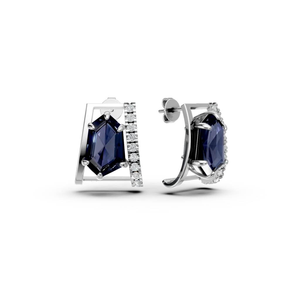 Cercei geometrici din aur alb cu topaze london blue hexagonale de 4.06ct si diamante de 0.2ct