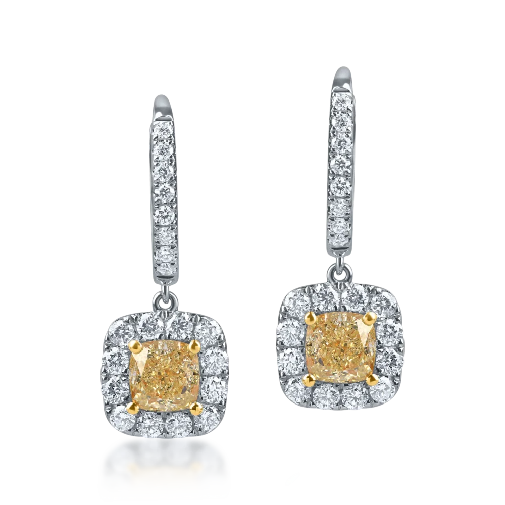 Cercei geometrici din aur alb-galben cu diamante galbene cushion si incolore de 2.1ct - imagine 2