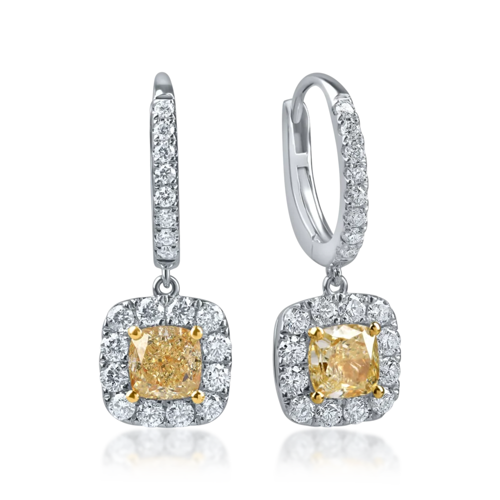 Cercei geometrici din aur alb-galben cu diamante galbene cushion si incolore de 2.1ct