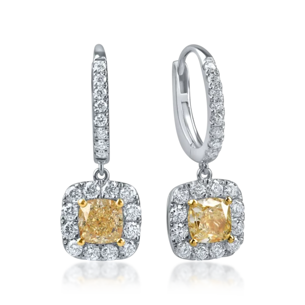 Cercei geometrici din aur alb-galben cu diamante galbene cushion si incolore de 2.1ct