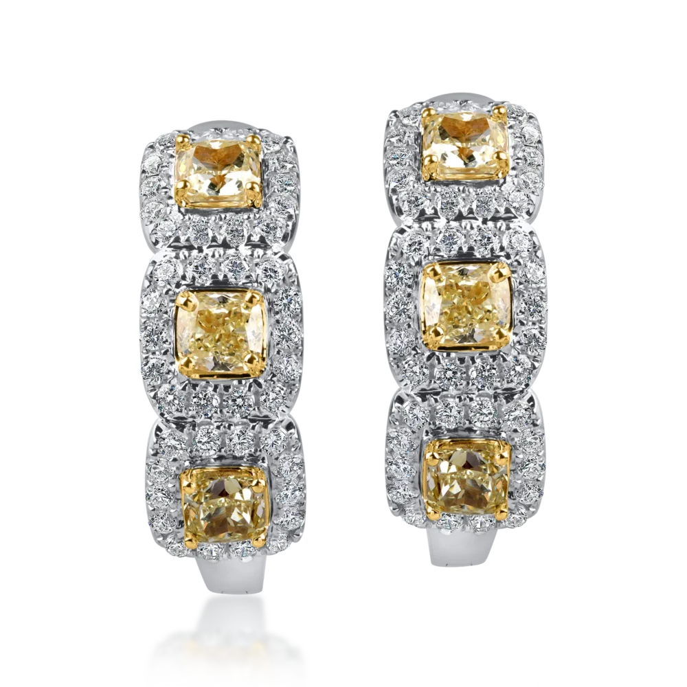 Cercei geometrici din aur alb-galben cu diamante galbene square si incolore rotunde de 2.2ct - imagine 2