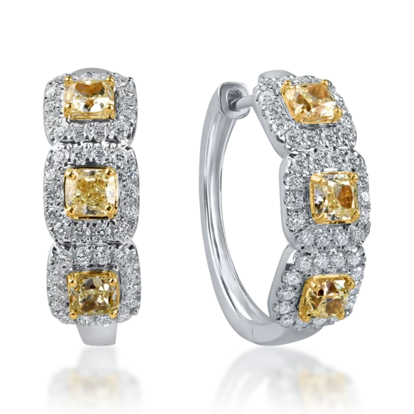 Cercei geometrici din aur alb-galben cu diamante galbene square si incolore rotunde de 2.2ct