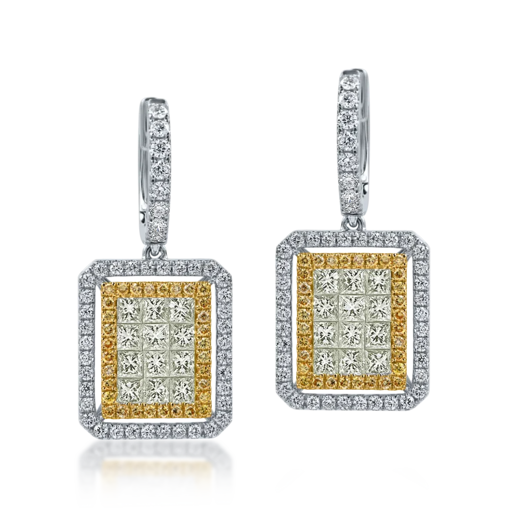 Cercei geometrici din aur alb-galben cu diamante galbene si incolore round si princess de 2.6ct - imagine 2