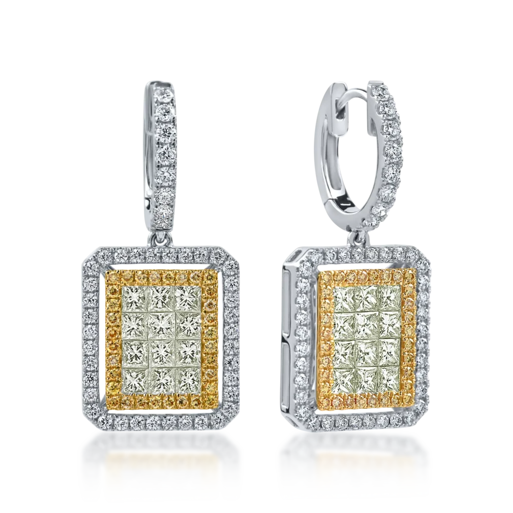 Cercei geometrici din aur alb-galben cu diamante galbene si incolore round si princess de 2.6ct