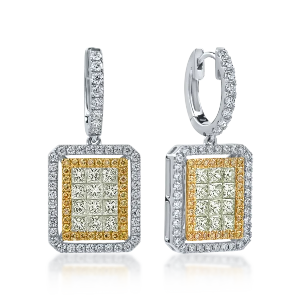 Cercei geometrici din aur alb-galben cu diamante galbene si incolore round si princess de 2.6ct
