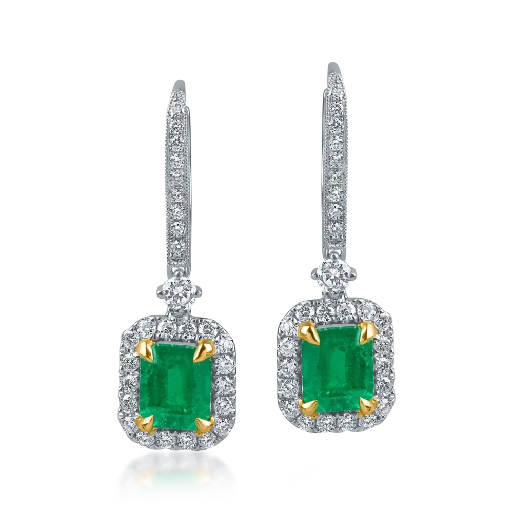 Cercei geometrici din aur alb-galben cu smaralde emerald si diamante round de 2.3ct - imagine 2