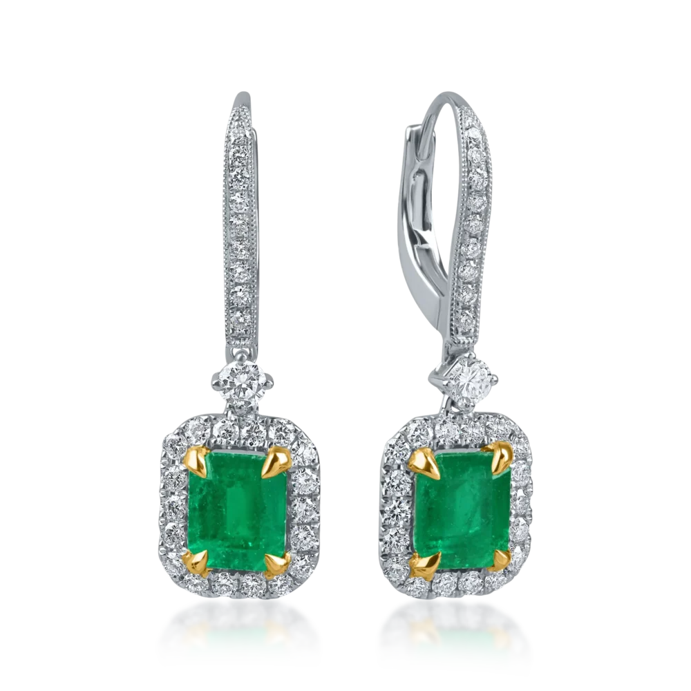 Cercei geometrici din aur alb-galben cu smaralde emerald si diamante round de 2.3ct