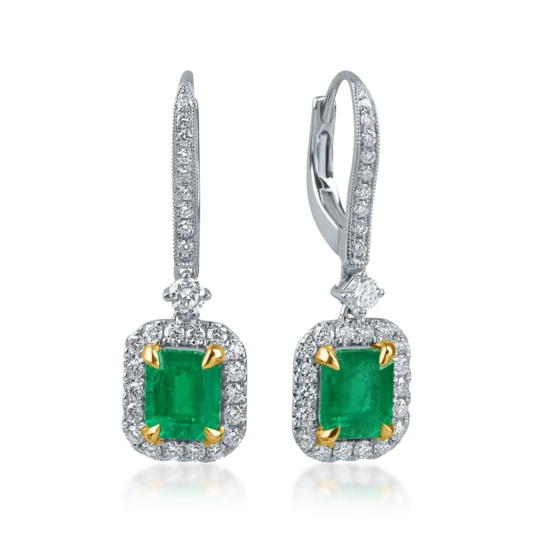Cercei geometrici din aur alb-galben cu smaralde emerald si diamante round de 2.3ct