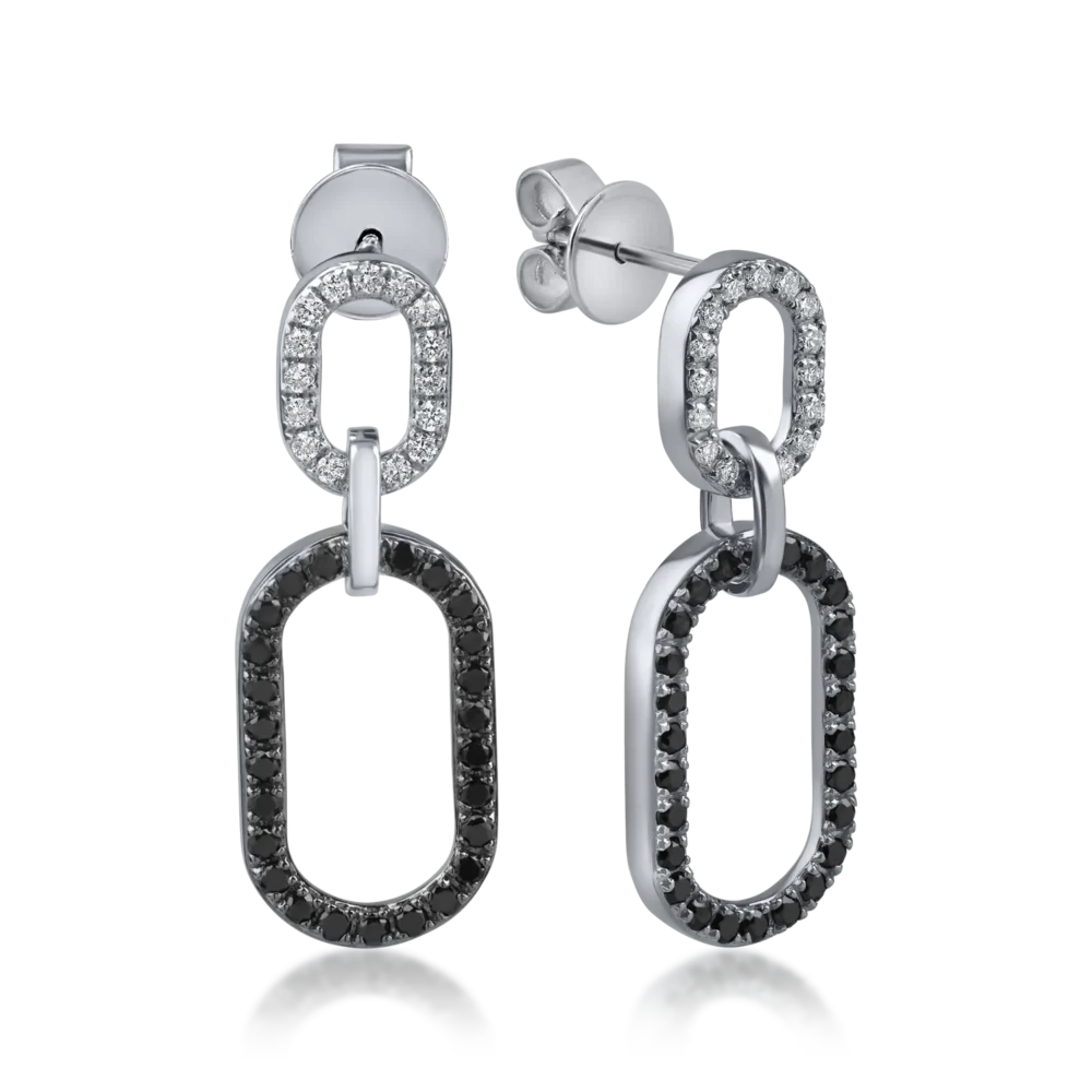 Cercei geometrici din aur alb-negru cu diamante negre si incolore de 0.5ct
