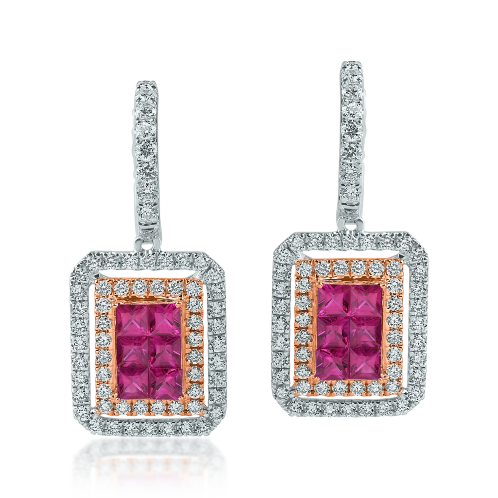 Cercei geometrici din aur alb-roz cu rubine princess de 1.3ct si diamante round de 1.1ct - imagine 2