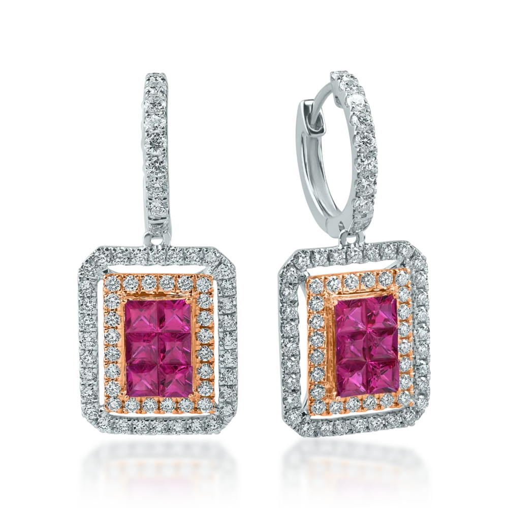 Cercei geometrici din aur alb-roz cu rubine princess de 1.3ct si diamante round de 1.1ct