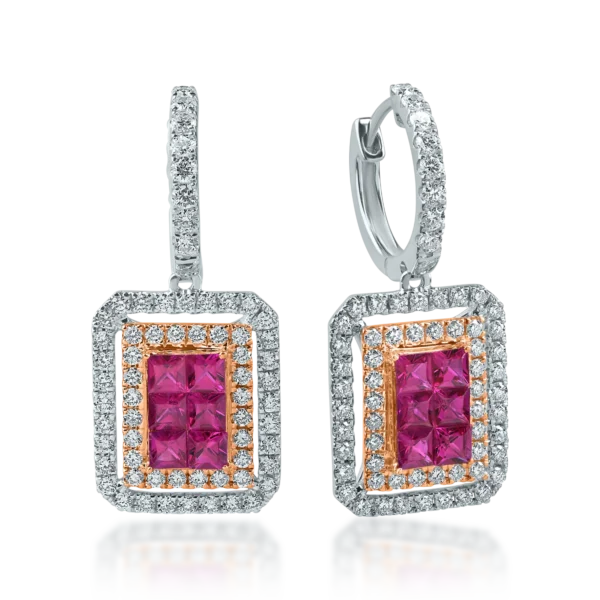 Cercei geometrici din aur alb-roz cu rubine princess de 1.3ct si diamante round de 1.1ct