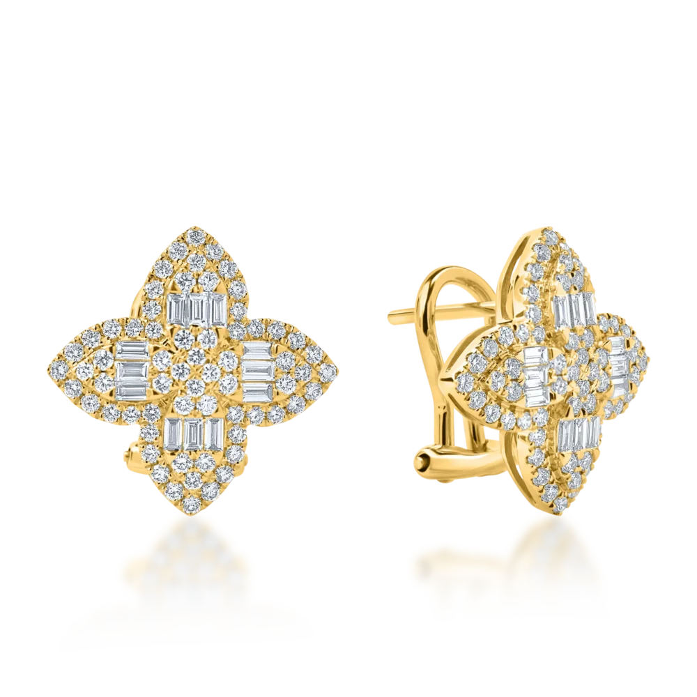 Cercei geometrici din aur galben cu diamante baguette si rotunde de 1.1ct