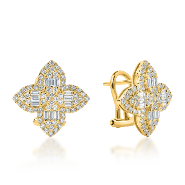 Cercei geometrici din aur galben cu diamante baguette si rotunde de 1.1ct