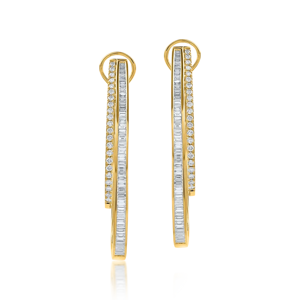 Cercei geometrici din aur galben cu diamante baguette si rotunde de 1.8ct - imagine 2