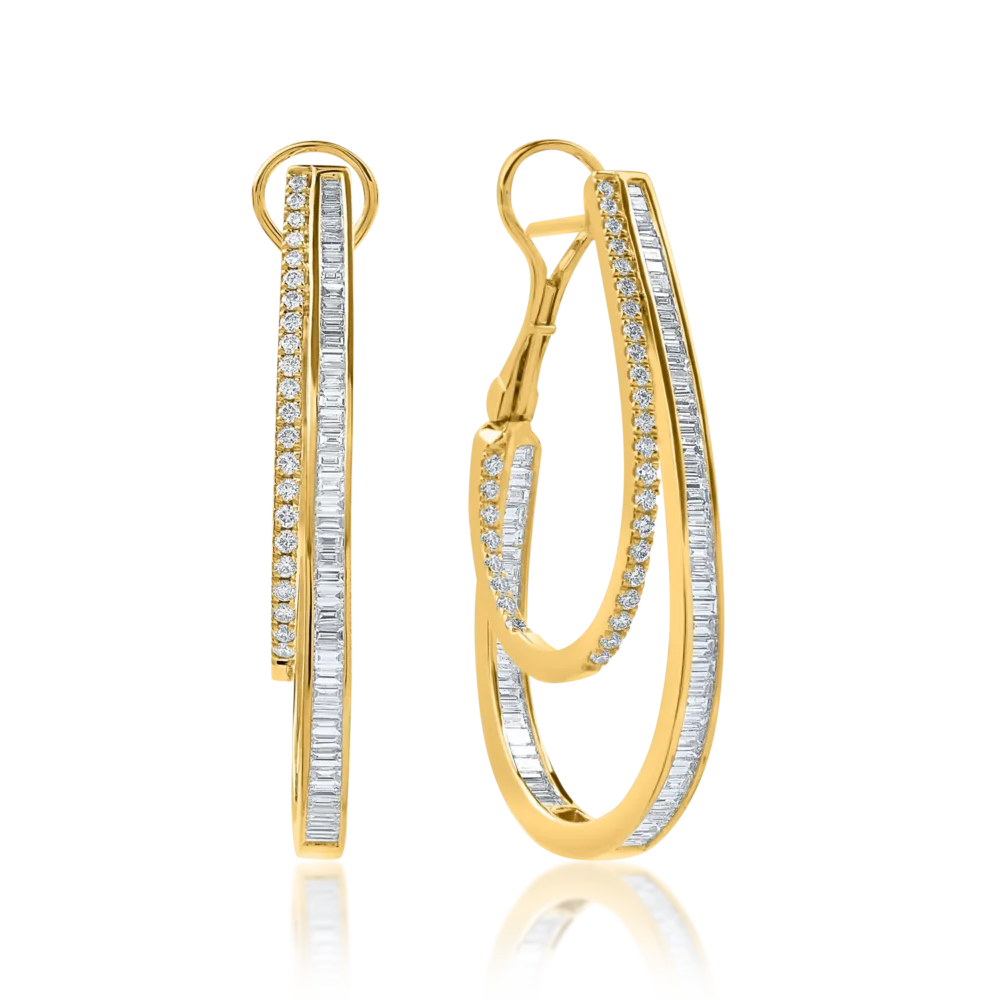 Cercei geometrici din aur galben cu diamante baguette si rotunde de 1.8ct