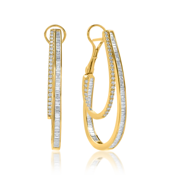 Cercei geometrici din aur galben cu diamante baguette si rotunde de 1.8ct
