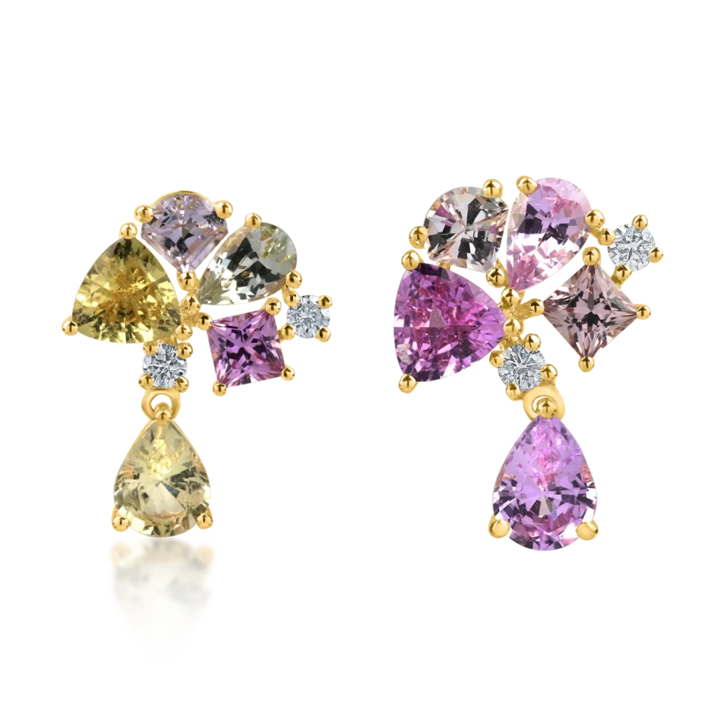 Cercei geometrici din aur galben cu safire multicolore de 3.76ct - imagine 2
