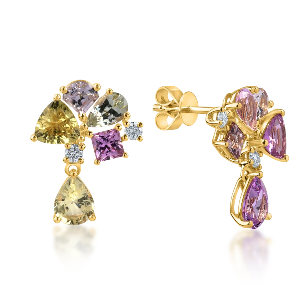 Cercei geometrici din aur galben cu safire multicolore de 3.76ct