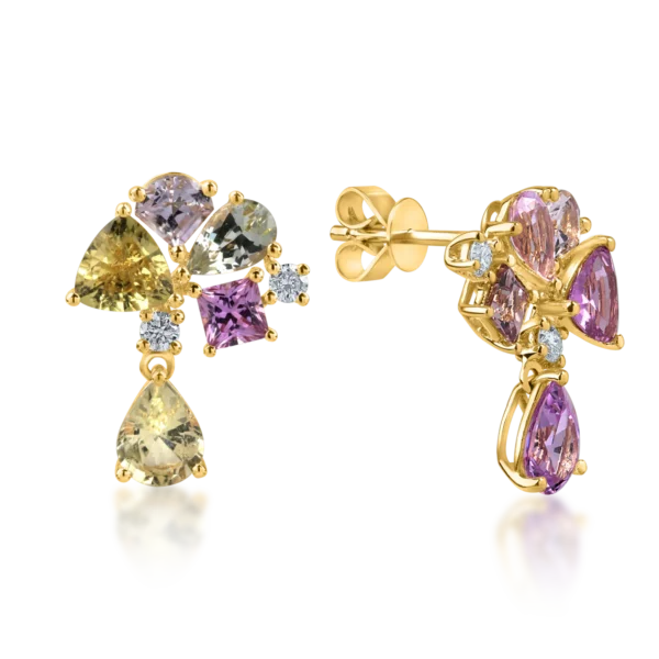 Cercei geometrici din aur galben cu safire multicolore de 3.76ct