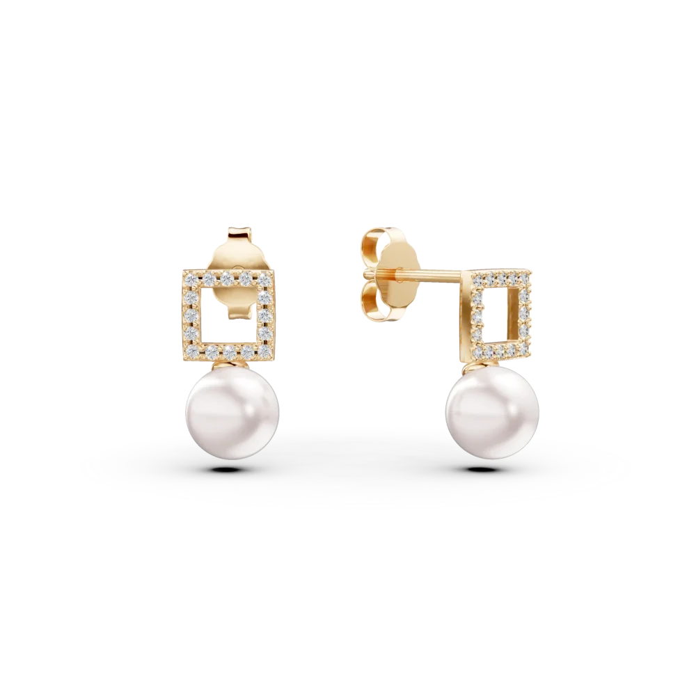 Cercei geometrici din aur galben cu zirconii si perle sintetice