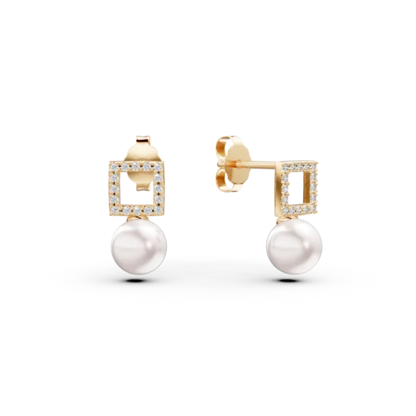 Cercei geometrici din aur galben cu zirconii si perle sintetice