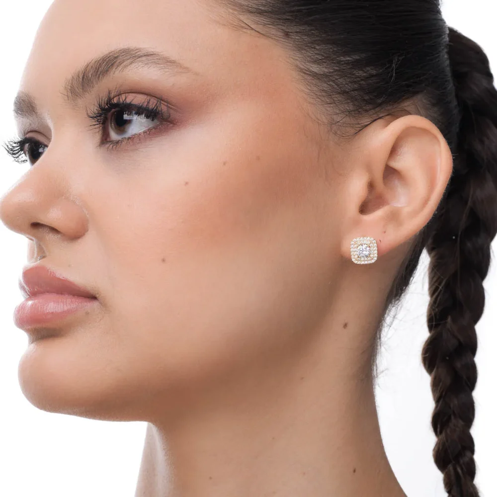 Cercei geometrici din aur galben cu zirconii - imagine 3