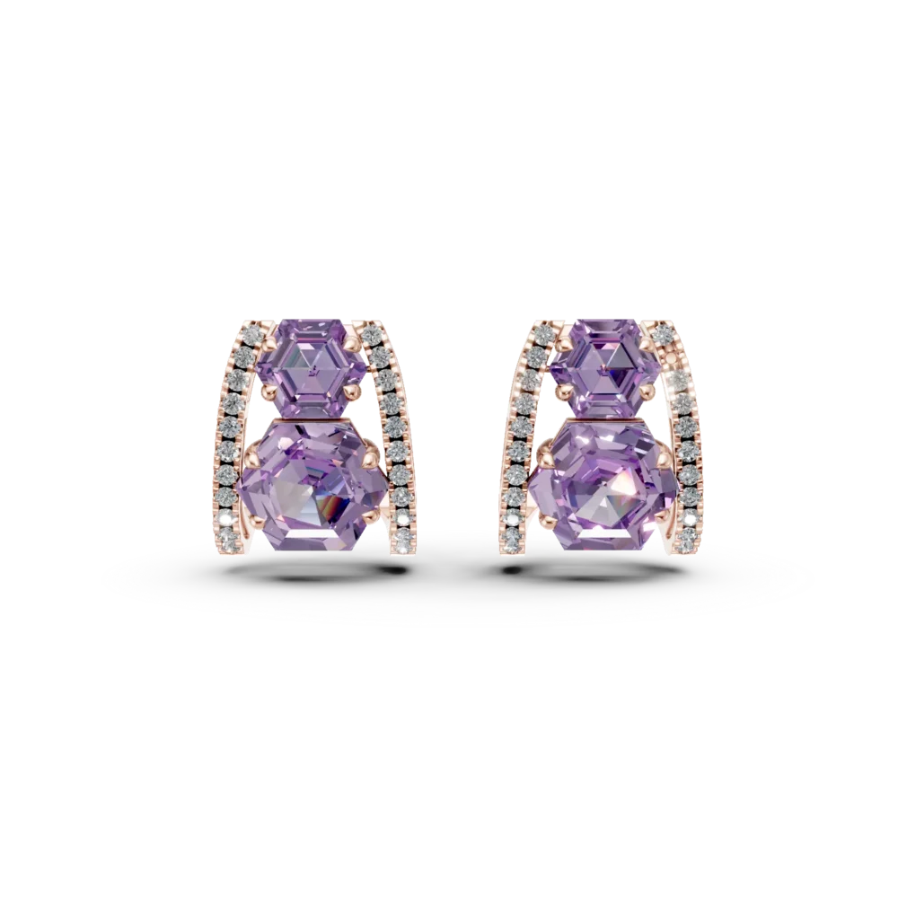 Cercei geometrici din aur roz cu ametiste hexagonale de 3.06ct si diamante de 0.2ct