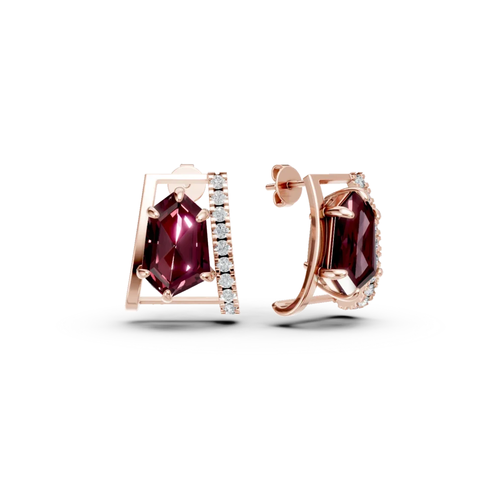 Cercei geometrici din aur roz cu granate de 4.3ct si diamante de 0.2ct