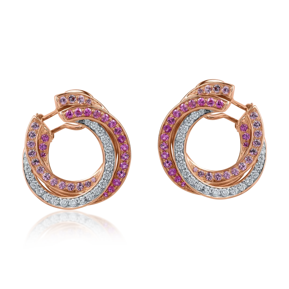 Cercei geometrici din aur roz cu safire roz si diamante de 2.3ct - imagine 2