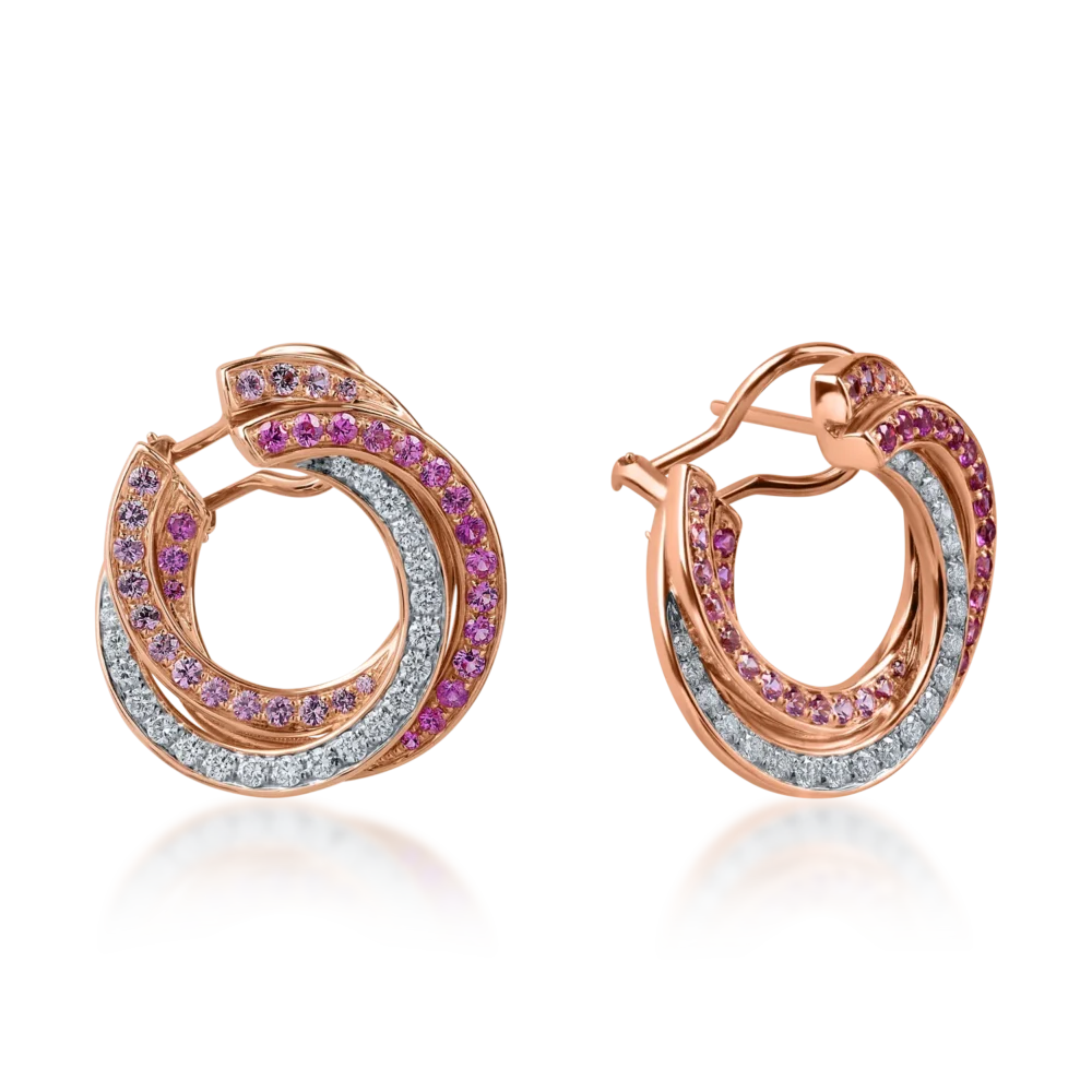 Cercei geometrici din aur roz cu safire roz si diamante de 2.3ct