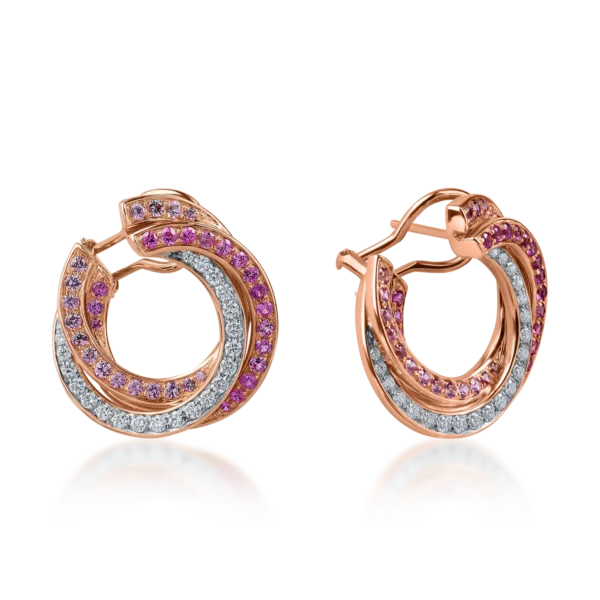 Cercei geometrici din aur roz cu safire roz si diamante de 2.3ct