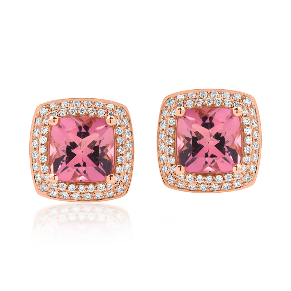 Cercei geometrici din aur roz cu turmaline roz de 2.8ct si diamante de 0.4ct - imagine 2