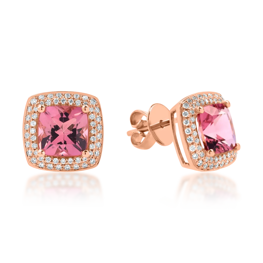 Cercei geometrici din aur roz cu turmaline roz de 2.8ct si diamante de 0.4ct