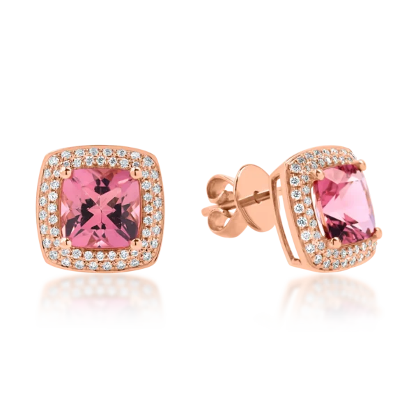 Cercei geometrici din aur roz cu turmaline roz de 2.8ct si diamante de 0.4ct