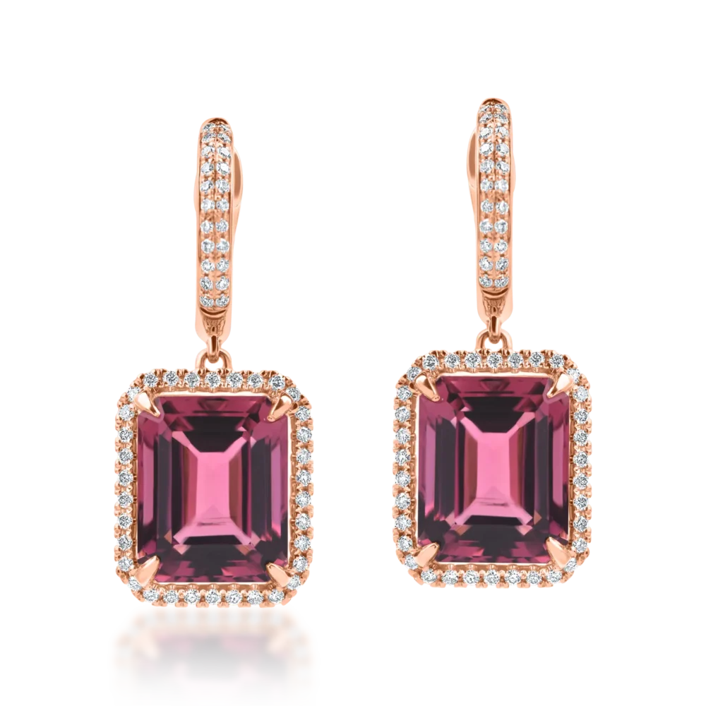 Cercei geometrici din aur roz cu turmaline roz octogonale de 6.9ct si diamante de 0.3ct - imagine 2