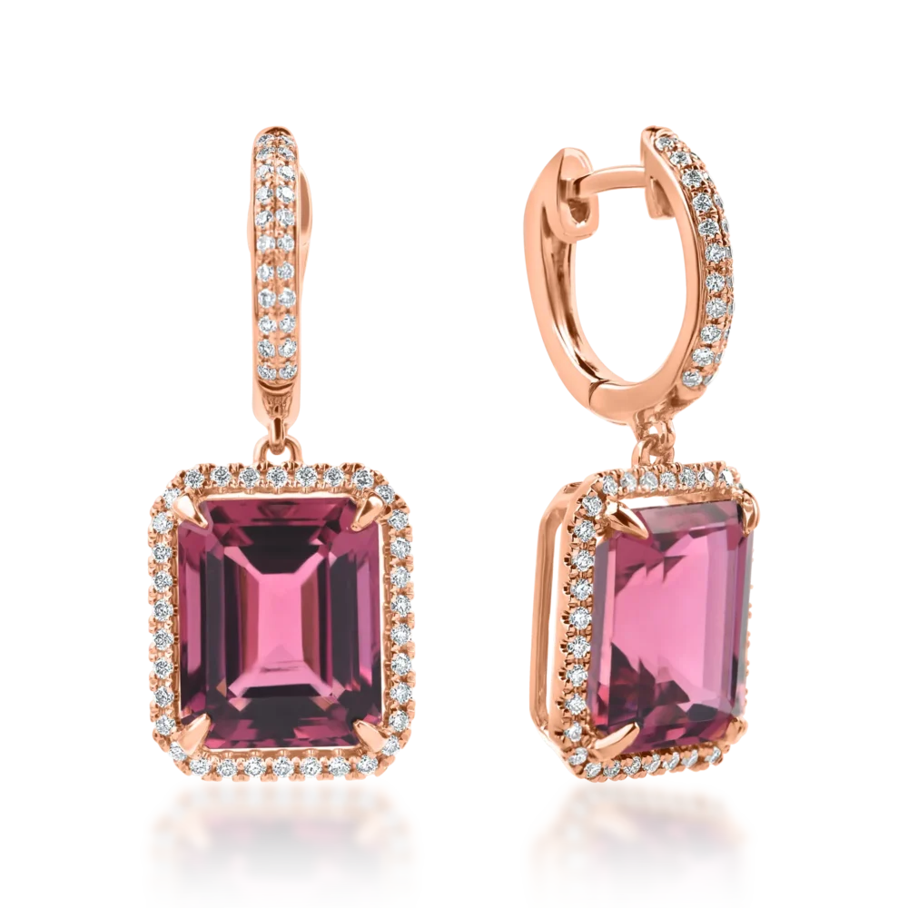 Cercei geometrici din aur roz cu turmaline roz octogonale de 6.9ct si diamante de 0.3ct