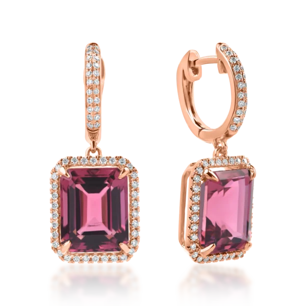 Cercei geometrici din aur roz cu turmaline roz octogonale de 6.9ct si diamante de 0.3ct