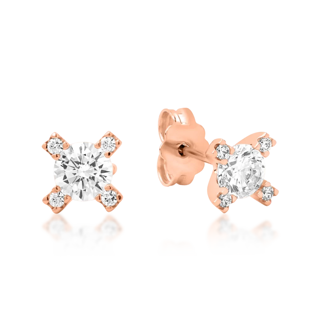 Cercei geometrici din aur roz cu zirconia