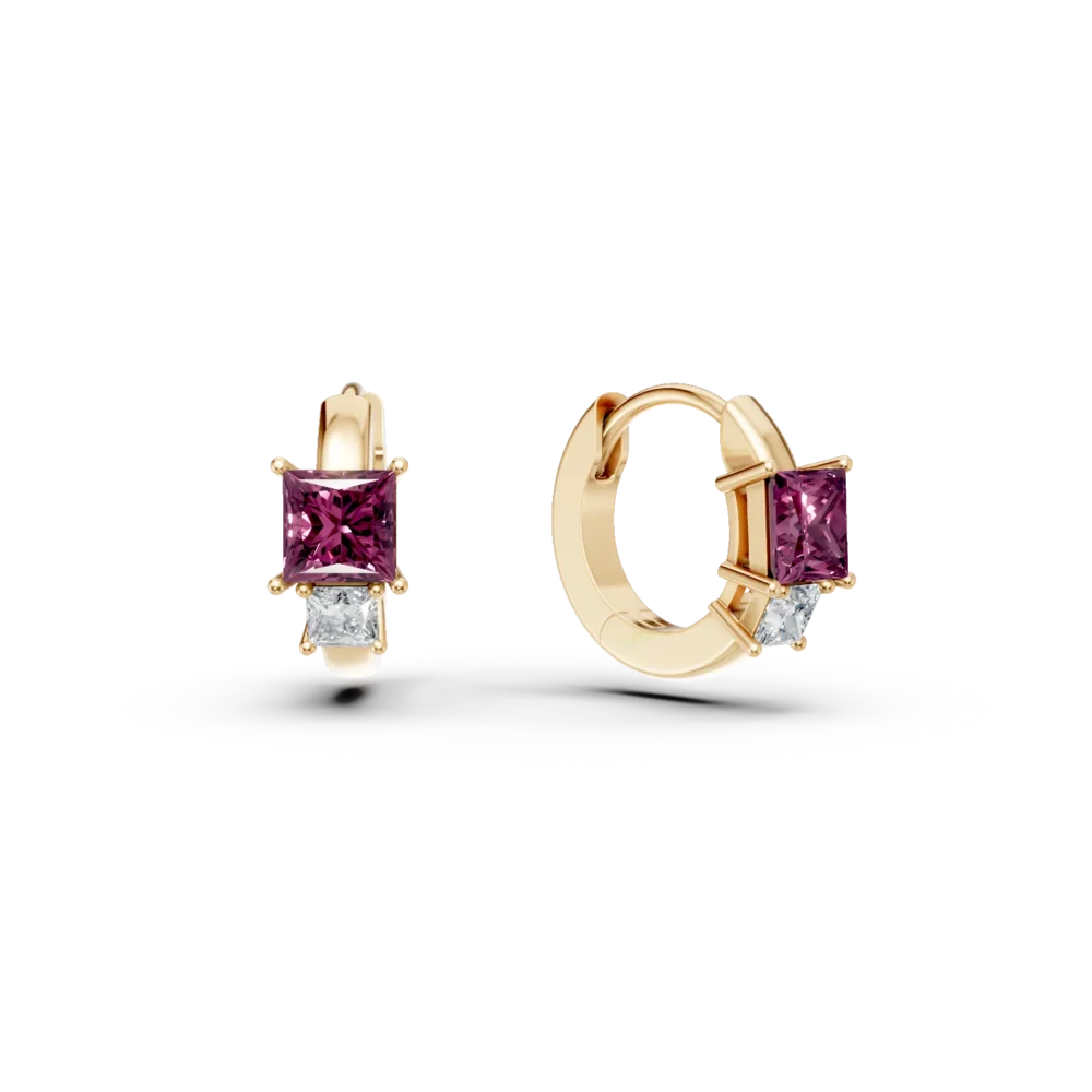 Cercei hoop din aur galben cu rubine square de 0.3ct si diamante de 0.06ct