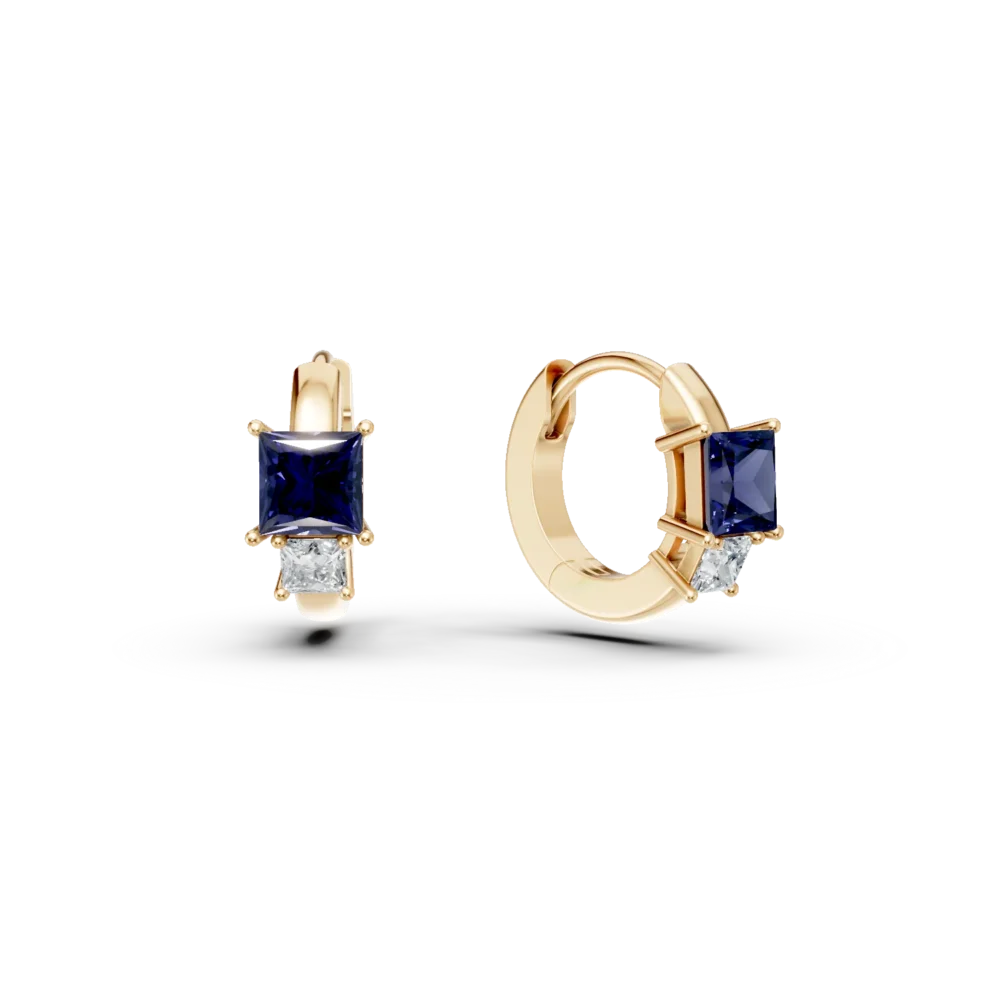 Cercei hoop din aur galben cu safire square de 0.3ct si diamante de 0.06ct