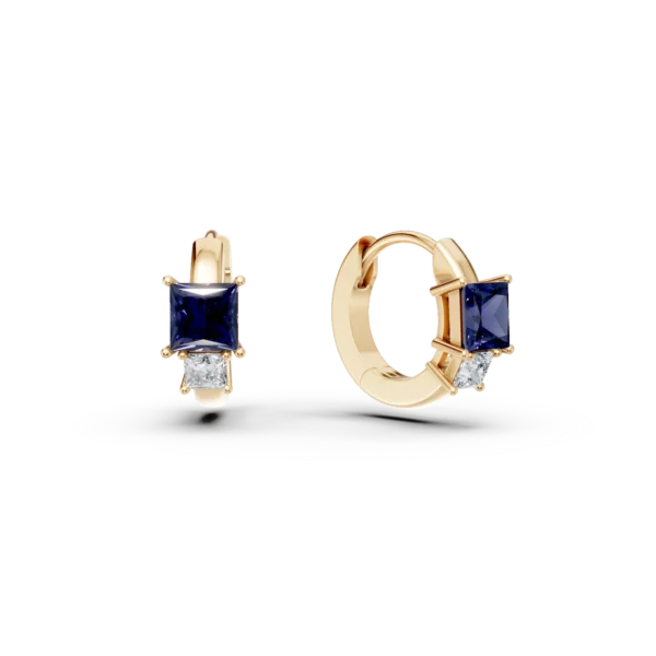 Cercei hoop din aur galben cu safire square de 0.3ct si diamante de 0.06ct