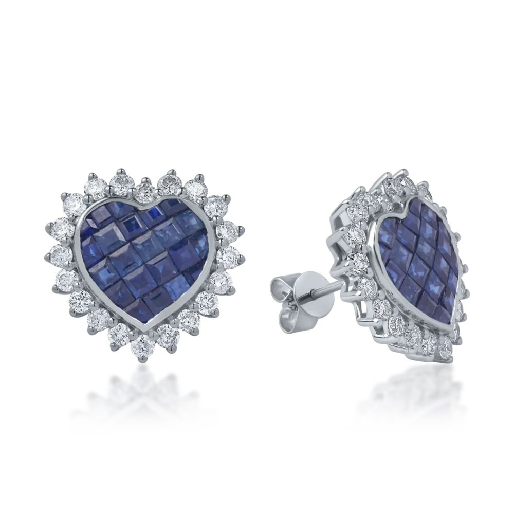 Cercei inima din aur alb cu safire square de 2.56ct si diamante de 1.15ct
