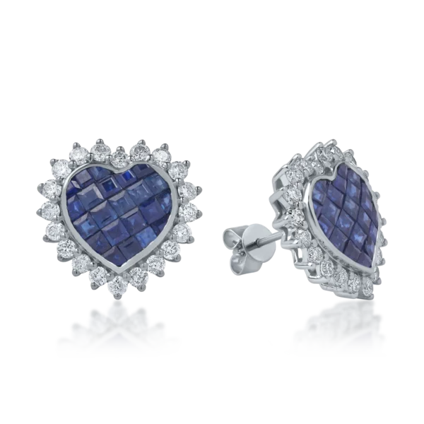 Cercei inima din aur alb cu safire square de 2.56ct si diamante de 1.15ct